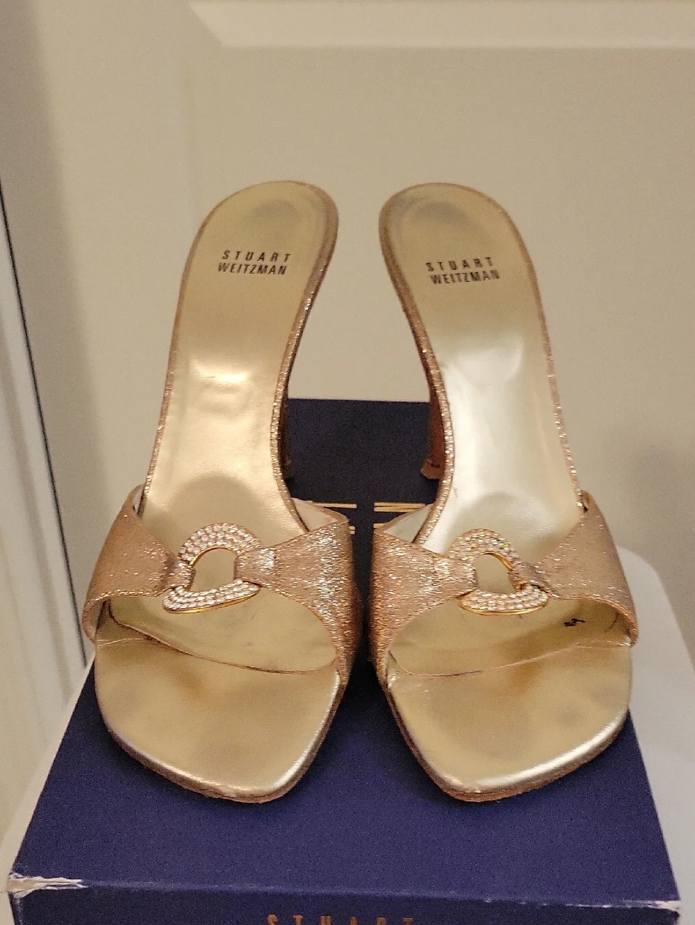 Stuart Weitzman Rose Gold Glitter Slide Mules with Crystal Link - Picture 1 of 7